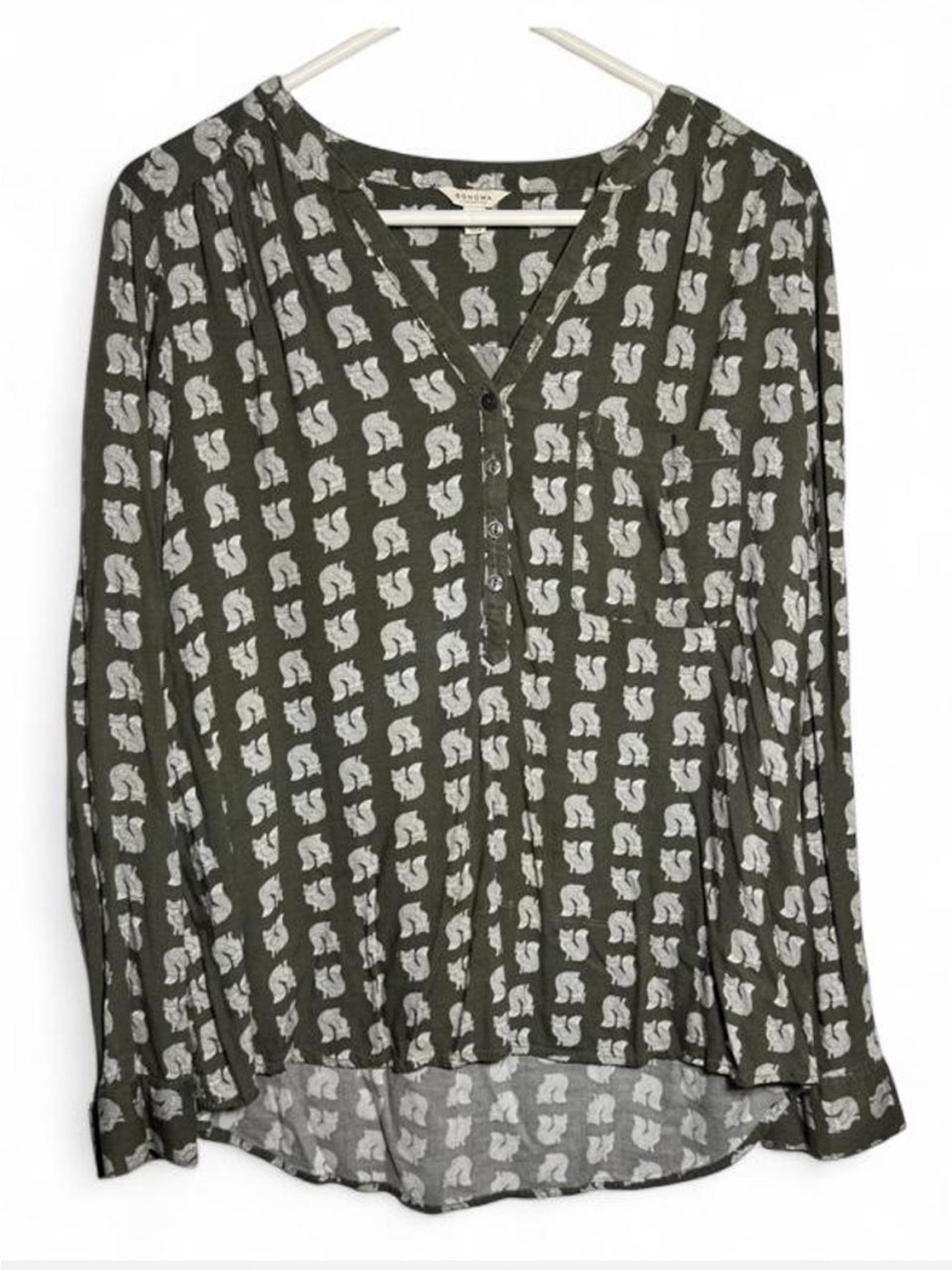 Sonoma Lifestyle L Olive Green Fox Print Henley Blouse Cottagecore Woodland